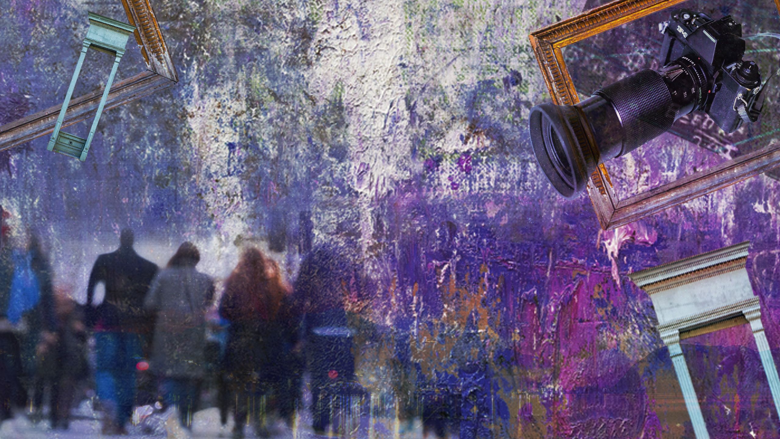A purple collage with people, paining and a camera